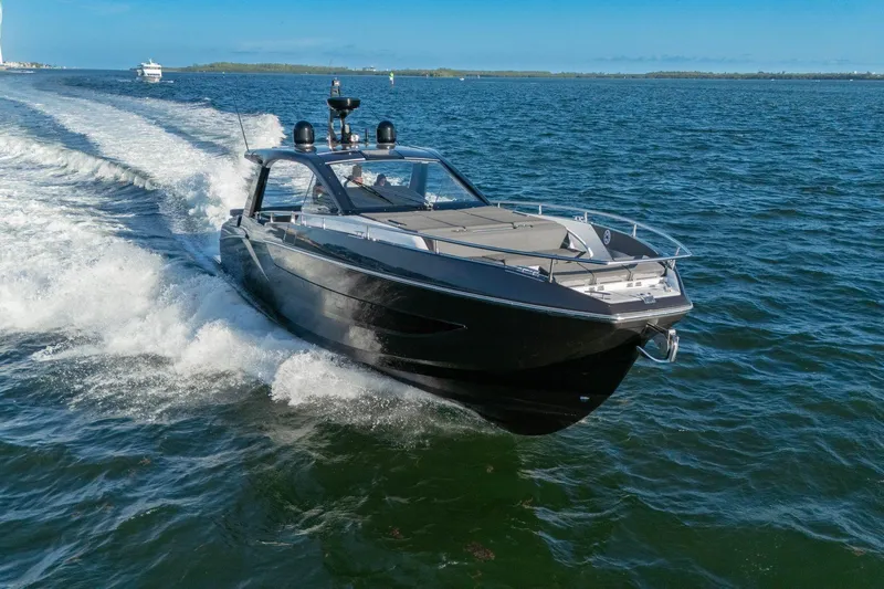 Matzu Yacht Photos Pics 2023 Azimut Verve 47 luxury yacht cruising on open water.