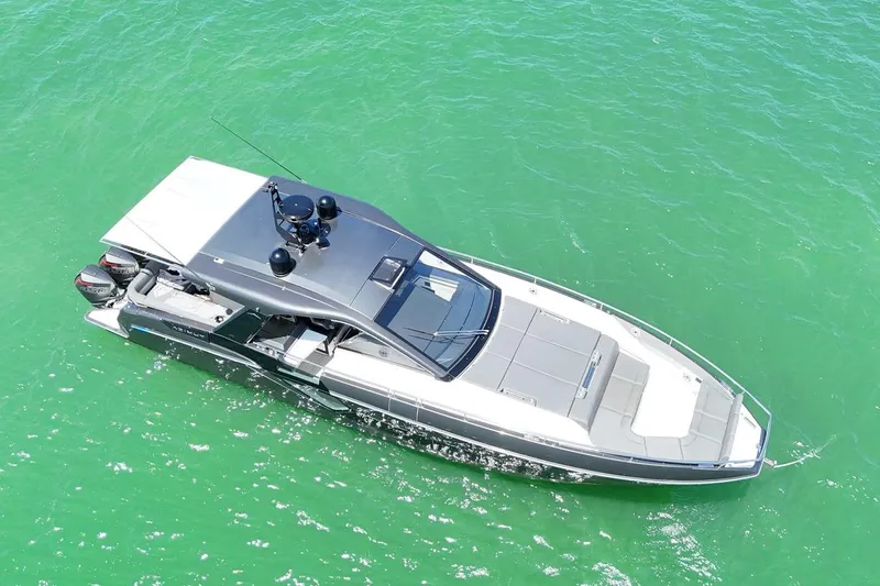 Matzu Yacht Photos Pics 2023 Azimut Verve 47 luxury yacht cruising on turquoise waters.