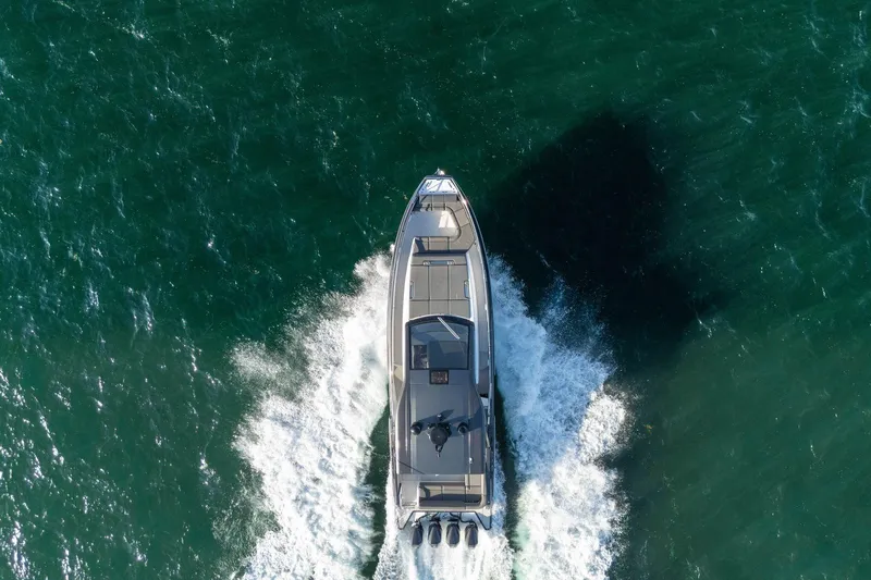 Matzu Yacht Photos Pics Aerial view of 2023 Azimut Verve 47 yacht cruising on open water.