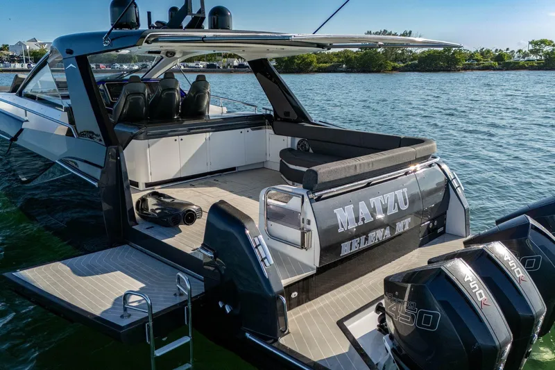 Matzu Yacht Photos Pics 2023 Azimut Verve 47 luxury yacht docked, featuring sleek design and powerful engines.