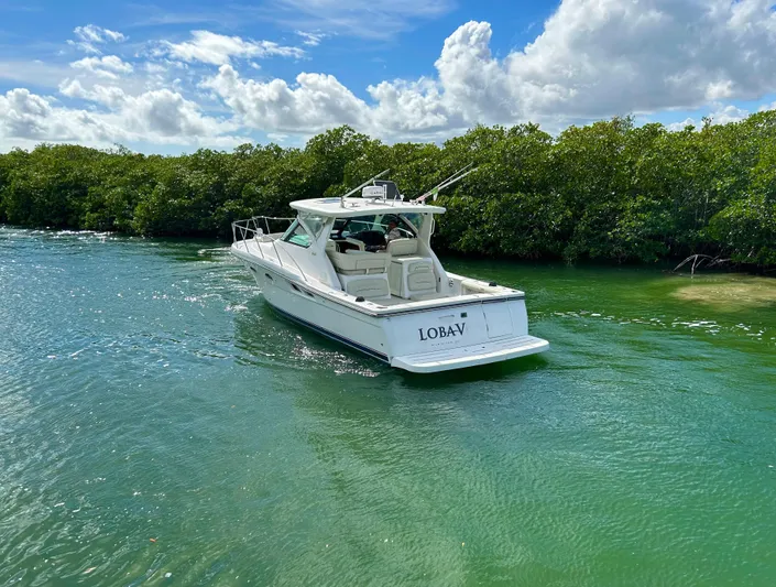 2006 Tiara 3600 Open @ Cancun Yacht Photos Pics 2006 Tiara Yachts 3600 Open cruising in a lush, green waterway under a blue sky.