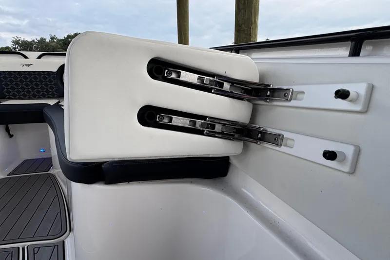 Sunset Chaser Yacht Photos Pics 2023 Tidewater 320 CC Adventure boat seat hinge detail.