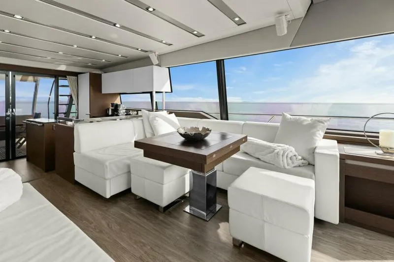 Be As You Are Xl Yacht Photos Pics Luxurious interior of 2017 Prestige 680 Flybridge yacht with modern furnishings and ocean view.