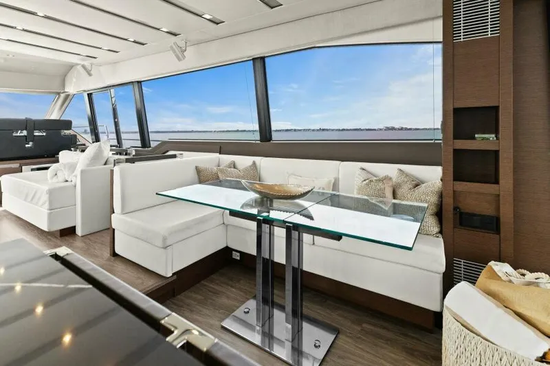 Be As You Are Xl Yacht Photos Pics Luxurious interior of 2017 Prestige 680 Flybridge yacht with elegant seating and panoramic windows.