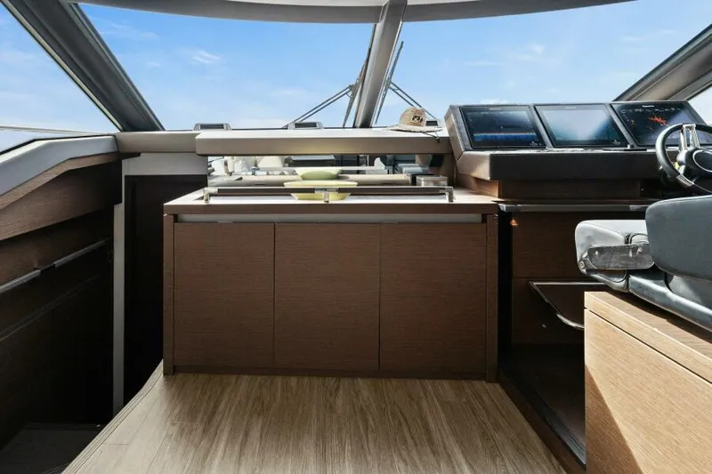 Be As You Are Xl Yacht Photos Pics Interior view of 2017 Prestige 680 Flybridge yacht cockpit with modern controls and wood finish.