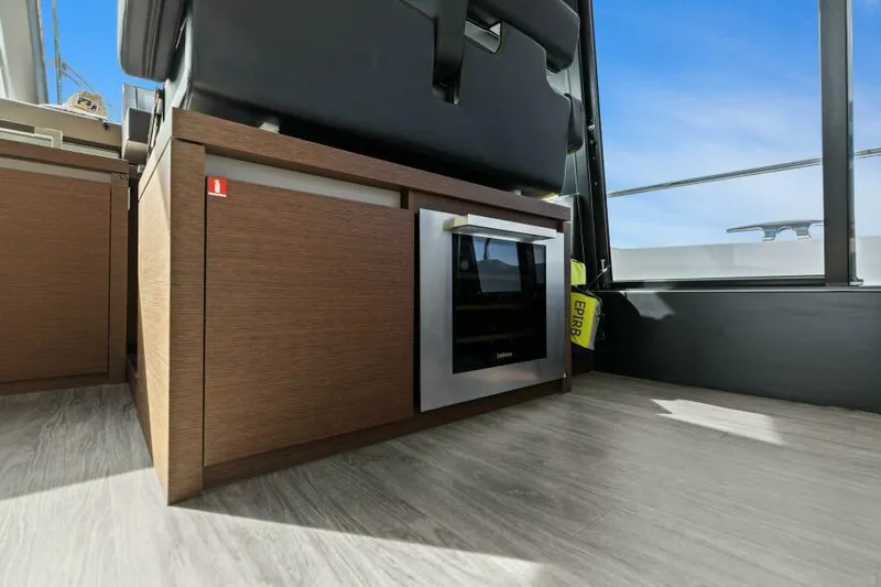 Be As You Are Xl Yacht Photos Pics Interior of 2017 Prestige 680 Flybridge yacht with modern cabinetry and built-in appliances.