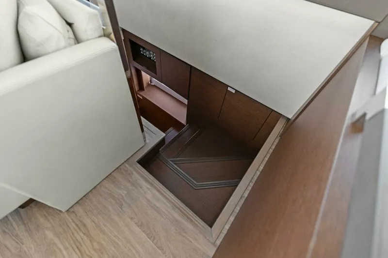 Be As You Are Xl Yacht Photos Pics Staircase leading below deck on 2017 Prestige 680 Flybridge yacht interior.