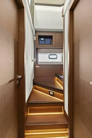 Be As You Are Xl Yacht Photos Pics Interior staircase of 2017 Prestige 680 Flybridge yacht with modern lighting and wood finish.