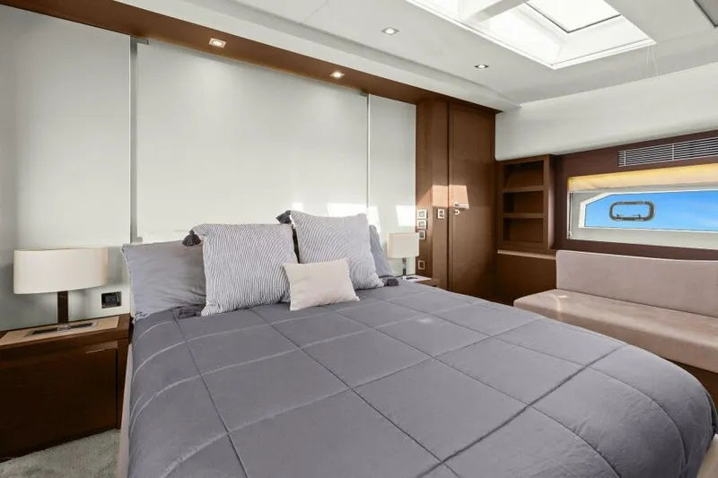 Be As You Are Xl Yacht Photos Pics Luxurious bedroom interior of 2017 Prestige 680 Flybridge yacht with modern design.