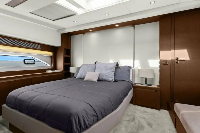 Be As You Are Xl Yacht Photos Pics Luxurious bedroom interior of 2017 Prestige 680 Flybridge yacht with modern design and natural light.