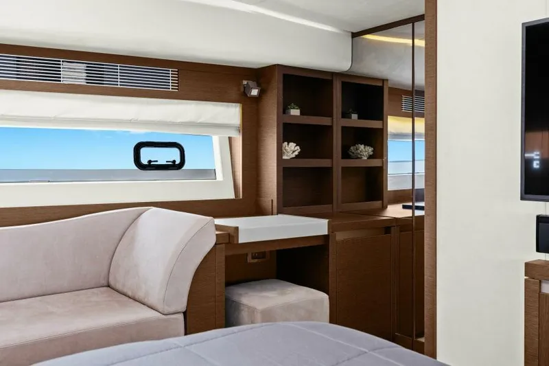 Be As You Are Xl Yacht Photos Pics Luxurious interior of 2017 Prestige 680 Flybridge yacht with elegant furnishings and ocean view.