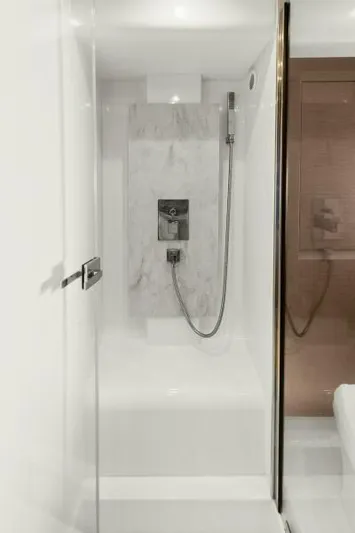 Be As You Are Xl Yacht Photos Pics Luxurious shower in 2017 Prestige 680 Flybridge yacht, featuring sleek modern design.