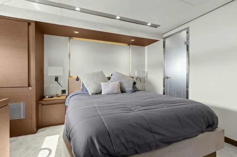 Be As You Are Xl Yacht Photos Pics Luxurious bedroom interior of 2017 Prestige 680 Flybridge yacht with modern design elements.