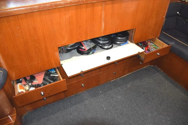 Main One Yacht Photos Pics 2000 Custom Carolina Wetsig Yachts Cape Fear interior storage compartments and drawers.