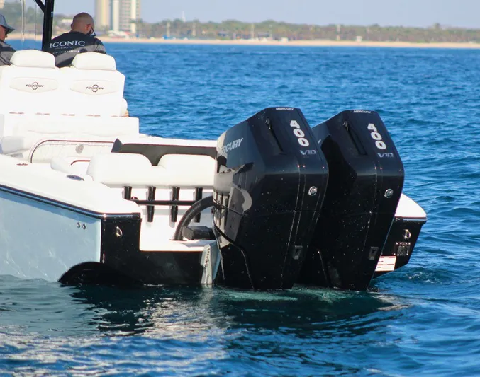  Yacht Photos Pics 2025 Fountain 34 CC boat with dual Mercury 400 V10 engines on the water.