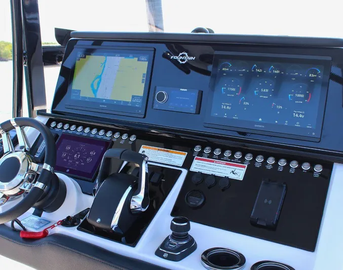  Yacht Photos Pics Control panel of 2025 Fountain 34 CC boat with advanced navigation and monitoring systems.