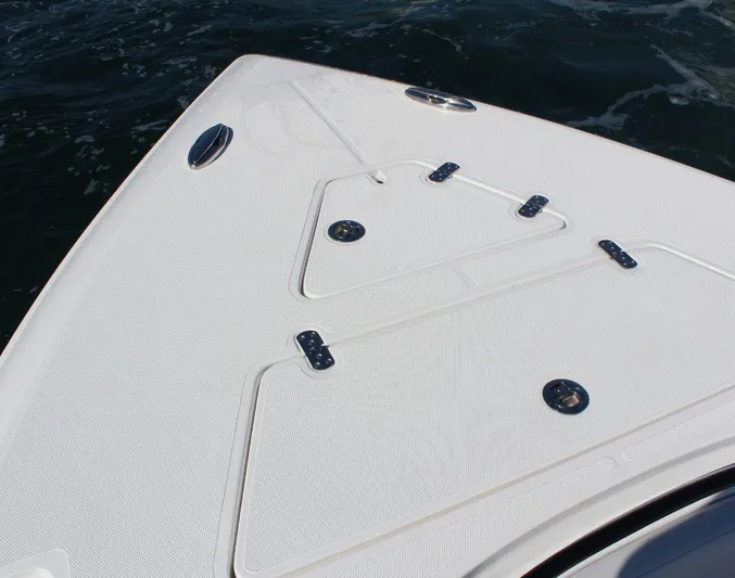  Yacht Photos Pics Bow of 2025 Fountain 34 CC boat with sleek design and textured surface.