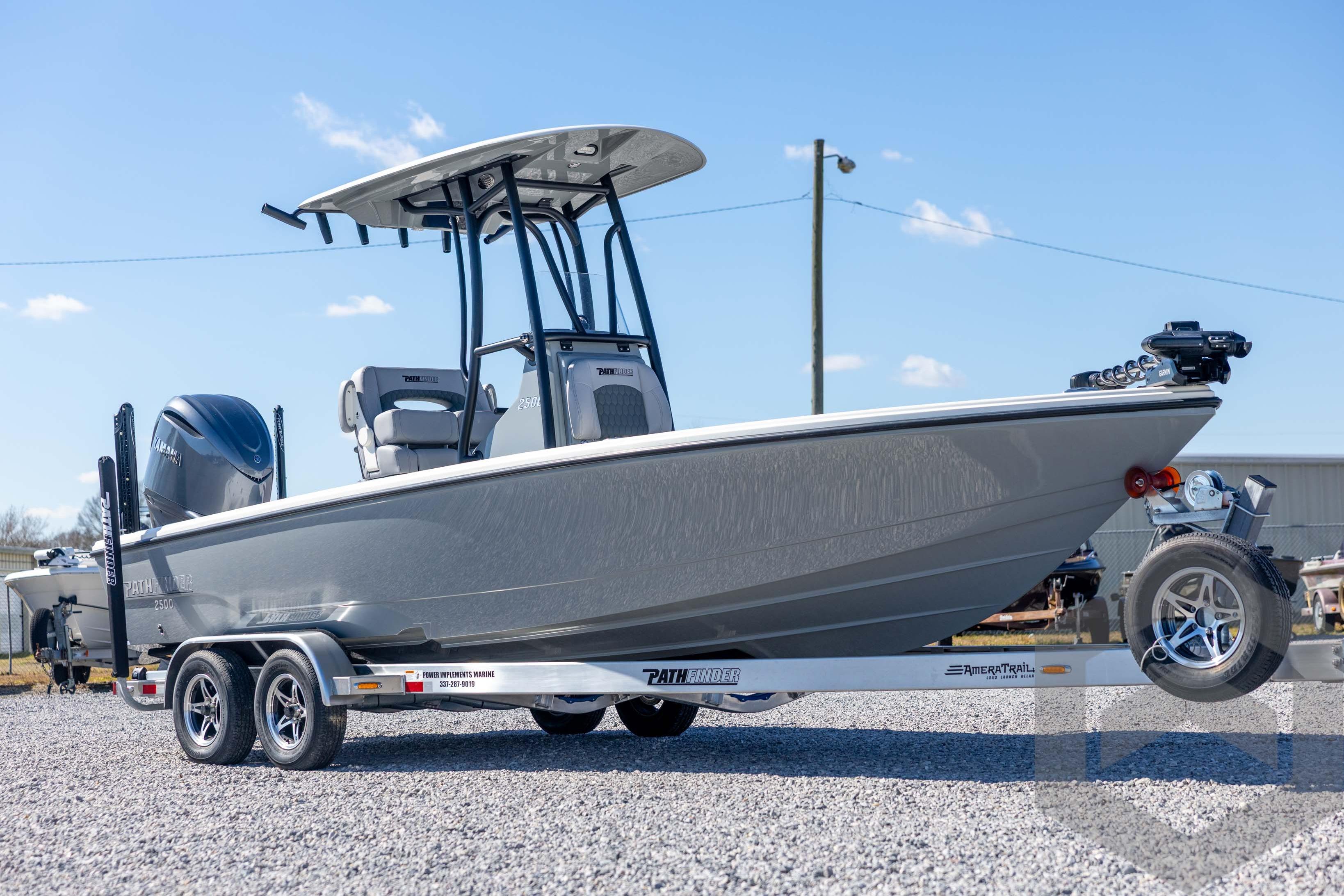 2026 Pathfinder 2500 Hybrid boat on trailer, parked outdoors under clear sky.
