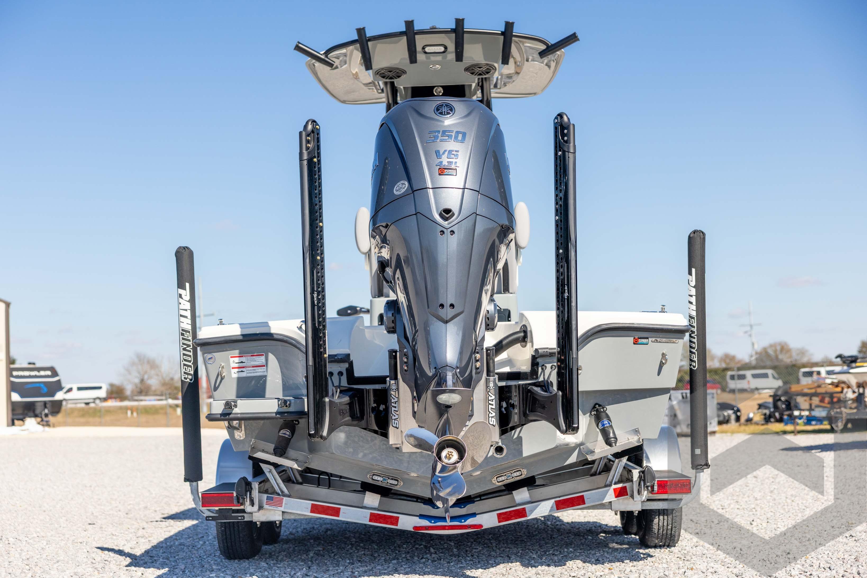 2026 Pathfinder 2500 Hybrid boat with powerful V6 engine on trailer.