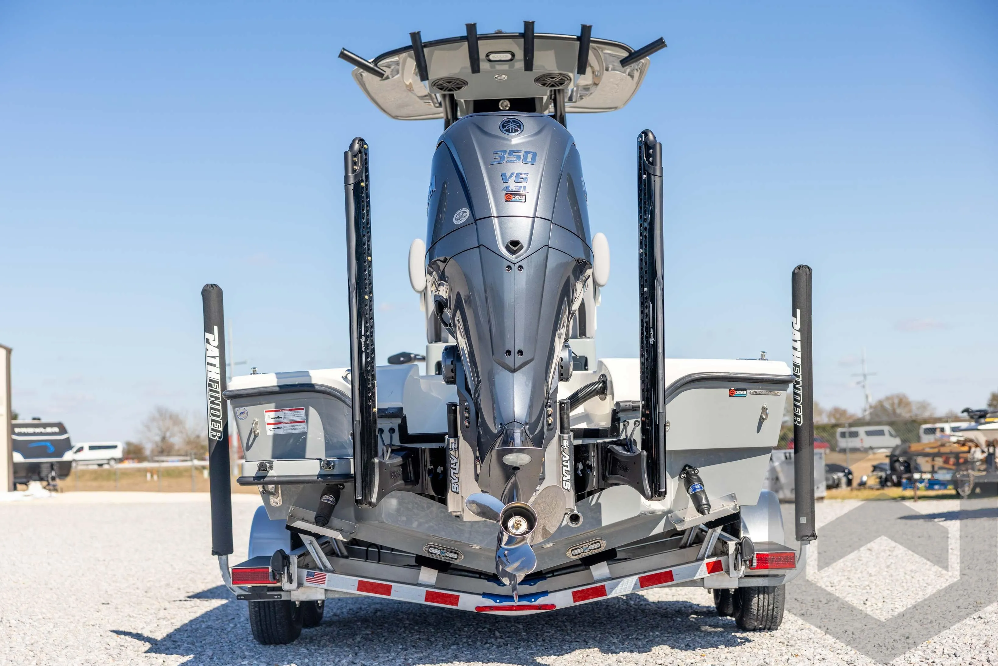 2026 Pathfinder 2500 Hybrid boat with powerful V6 engine on trailer.