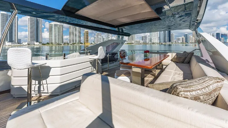Golden 3 Yacht Photos Pics Luxurious 2015 Dominator 800 yacht interior with city skyline view.