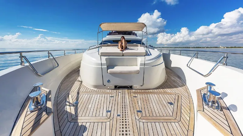Golden 3 Yacht Photos Pics Luxurious 2015 Dominator 800 yacht with spacious deck and clear blue skies.
