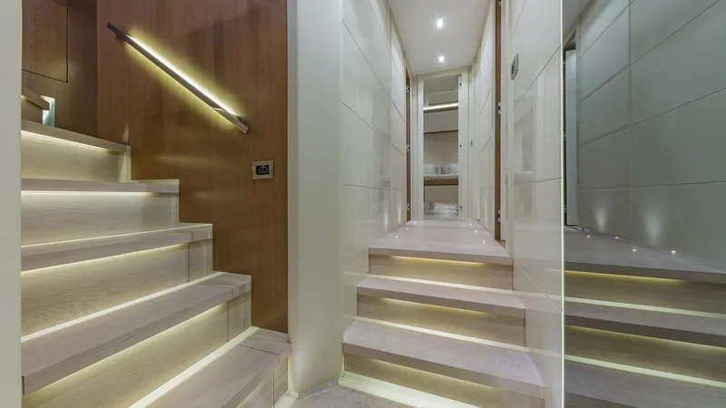 Golden 3 Yacht Photos Pics Luxurious yacht interior with illuminated stairs, Dominator 800, 2015 model.