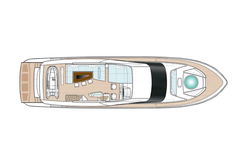 Golden 3 Yacht Photos Pics Top view layout of 2015 Dominator 800 yacht, showcasing deck and interior design.