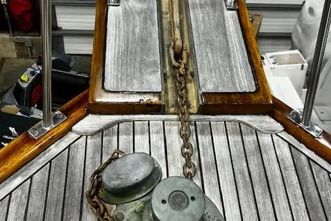 North Star Yacht Photos Pics 1984 Grand Banks Trawler deck with anchor chain and winch.