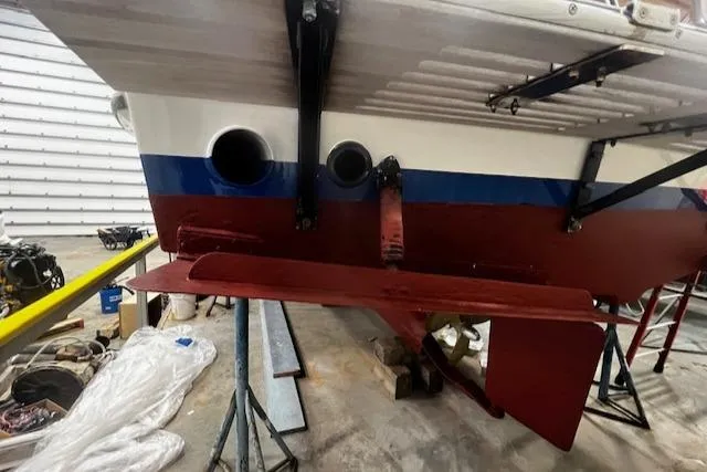 North Star Yacht Photos Pics 1984 Grand Banks Trawler in dry dock, showcasing hull and rudder details.