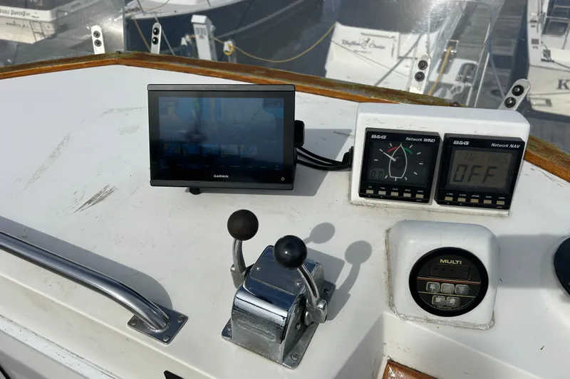 Yacht Photos Pics Control panel of a 1988 Grand Banks 42 Classic yacht with navigation instruments.