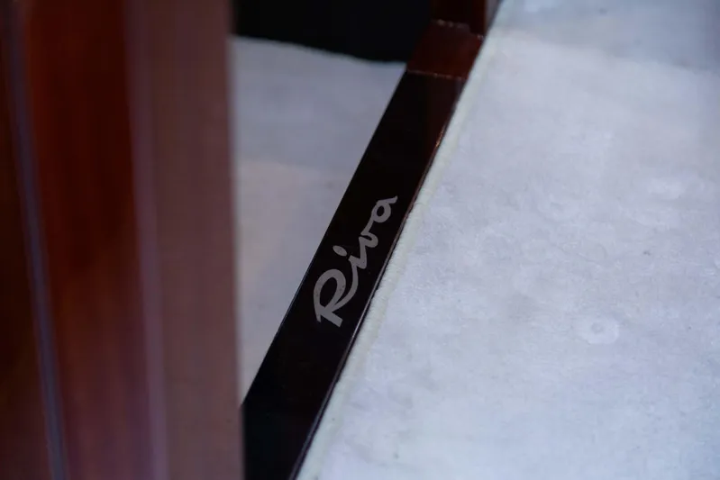  Yacht Photos Pics 2022 Riva Dolceriva logo on sleek boat interior detail.