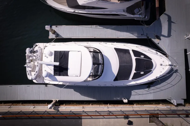 Ka-bar Yacht Photos Pics Aerial view of 2012 Sea Ray 450 Sedan yacht docked at marina.