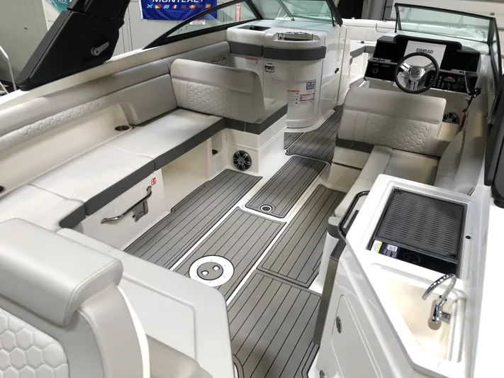  Yacht Photos Pics 2025 Sea Ray SDX 290 boat interior with luxurious seating and modern amenities.