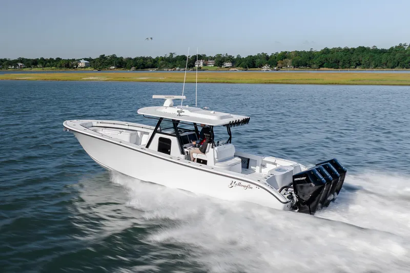  Yacht Photos Pics 2026 Yellowfin 39 Offshore boat cruising on water with powerful engines.