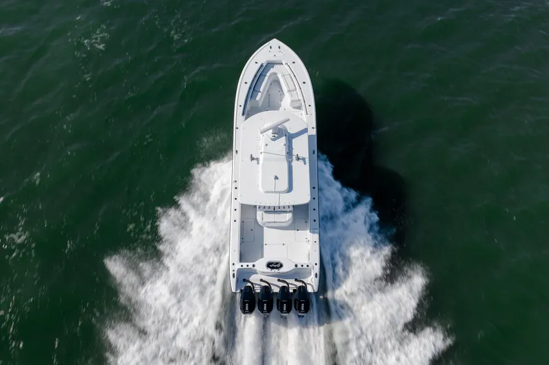  Yacht Photos Pics Aerial view of 2026 Yellowfin 39 Offshore boat speeding on water.
