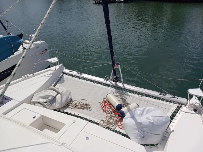 Bendigo Yacht Photos Pics Leopard 40 catamaran deck with netting, ropes, and water view, 2021 model.