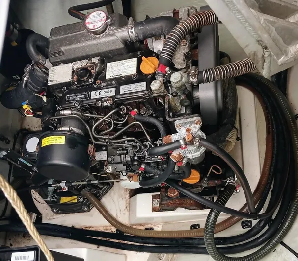 Bendigo Yacht Photos Pics Engine compartment of a 2021 Leopard 40, showcasing intricate mechanical components and hoses.