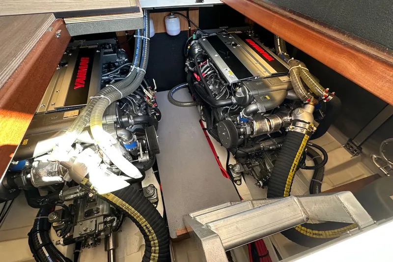 Fret Knot Yacht Photos Pics Engine room of 2024 Beneteau Swift Trawler 41 Sedan with twin Yanmar engines.