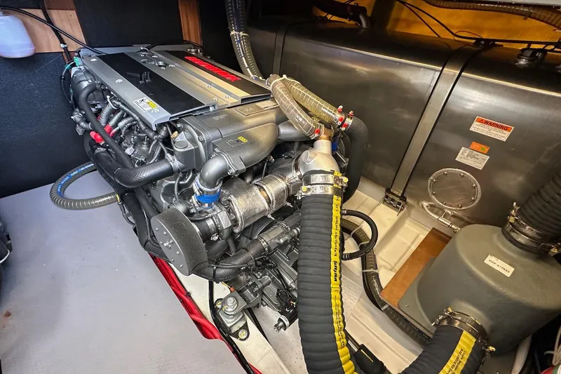 Fret Knot Yacht Photos Pics Engine room of 2024 Beneteau Swift Trawler 41 Sedan, showcasing detailed mechanical components.