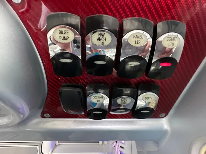  Yacht Photos Pics Control panel of a 2008 Formula 353 FASTech boat with labeled switches.