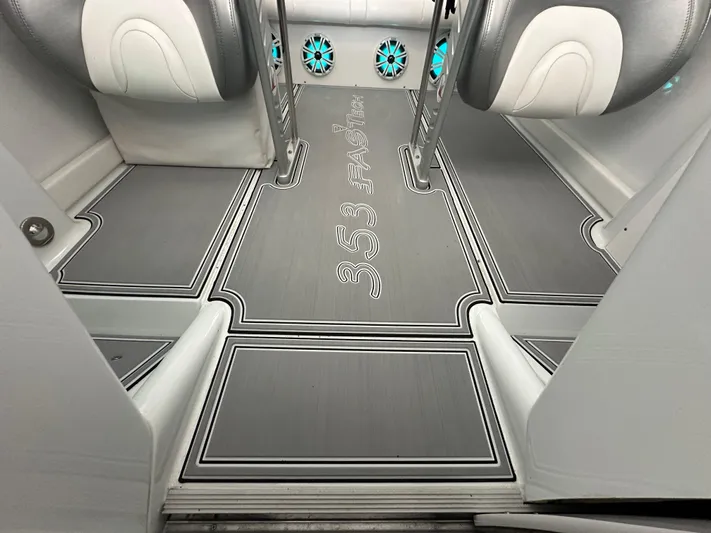  Yacht Photos Pics 2008 Formula 353 FASTech boat interior with custom flooring and stylish seating.