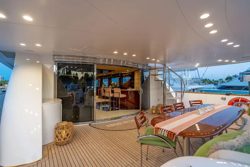 True North Yacht Photos Pics Luxurious 2011 Hargrave Tri Deck yacht with elegant outdoor dining area and modern interior.