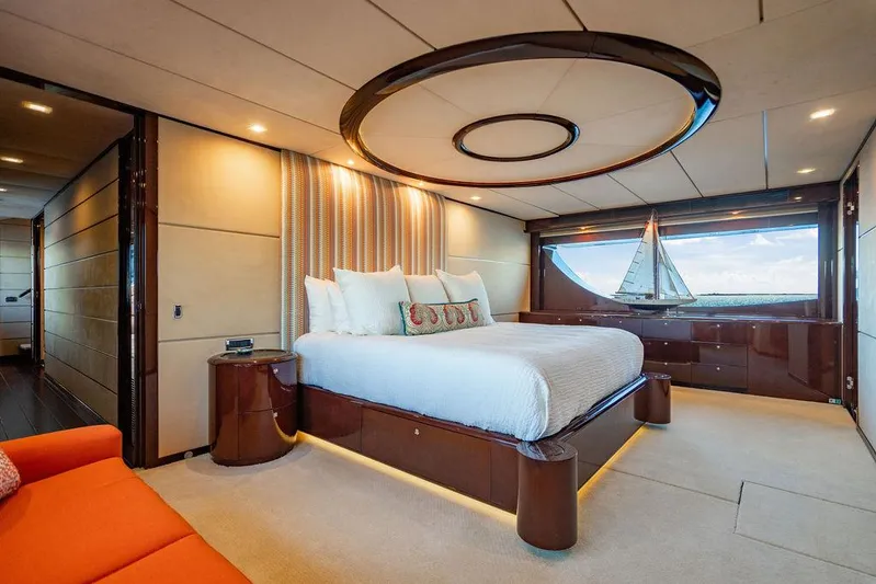 True North Yacht Photos Pics Luxurious bedroom interior on 2011 Hargrave Tri Deck yacht with modern design elements.