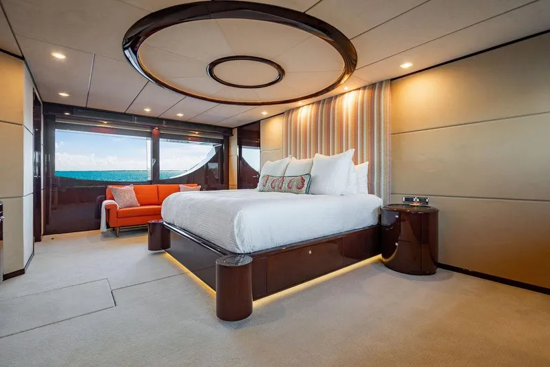 True North Yacht Photos Pics Luxurious bedroom interior on 2011 Hargrave Tri Deck yacht with ocean view.