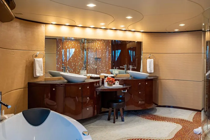 True North Yacht Photos Pics Luxurious bathroom interior on 2011 Hargrave Tri Deck yacht, featuring elegant fixtures and modern design.