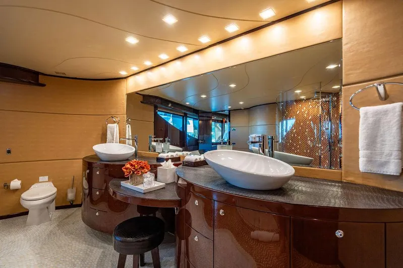 True North Yacht Photos Pics Luxurious bathroom on 2011 Hargrave Tri Deck yacht with modern fixtures and elegant design.