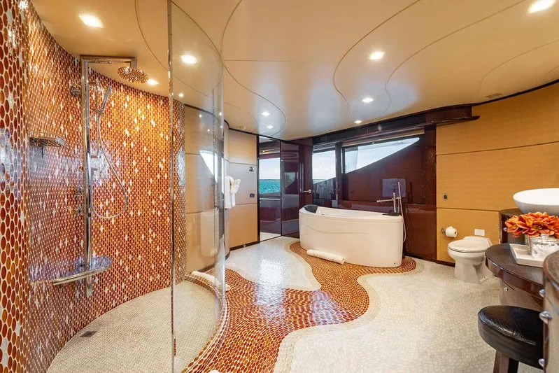 True North Yacht Photos Pics Luxurious bathroom on 2011 Hargrave Tri Deck yacht with modern design and elegant mosaic tiles.