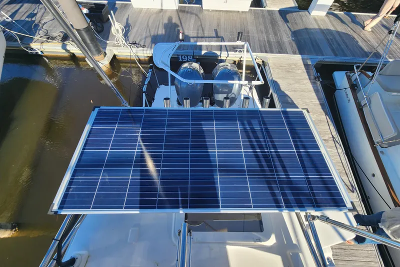  Yacht Photos Pics 2021 Cutwater C-32 CB boat with solar panel at dockside.