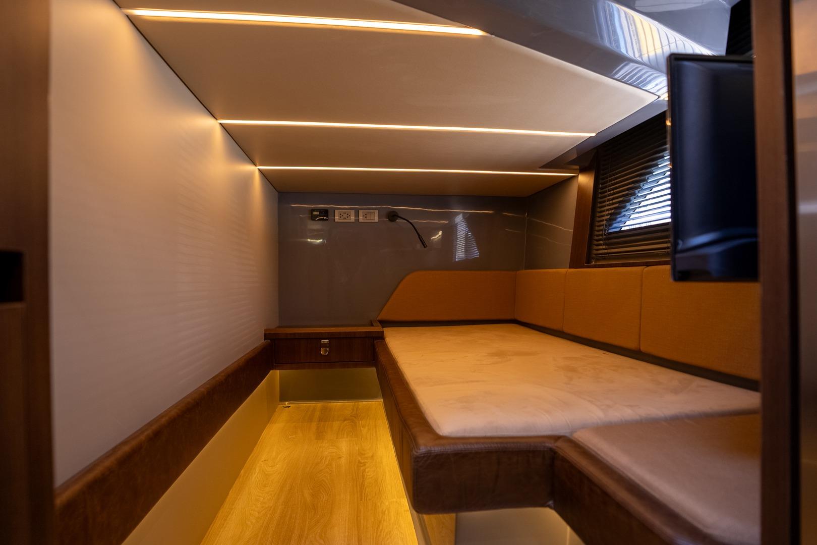 Luxurious interior of 2026 Hanover 447 with modern lighting and comfortable seating.